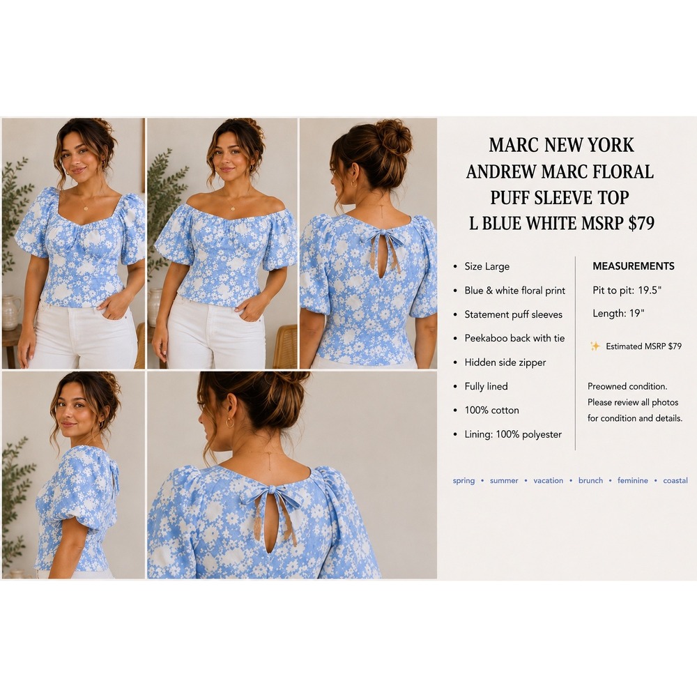 Marc New York Andrew Marc Floral Puff Sleeve Top L Blue White MSRP $79